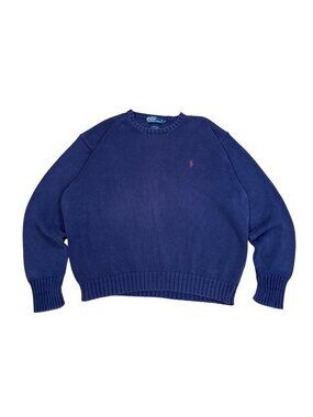 90s Polo Ralph Lauren Navy Blue Crewneck Sweater XL 100% Cotton Knit Ribbed USA